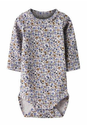 Body niemowlęcy w kwiatowy wzór wykonany z miękkiej bawełny. Posiada długie rękawy, zaokrąglony dekolt oraz zapięcie na zatrzaski na dole. Kolory to fioletowy, niebieski i pomarańczowy.