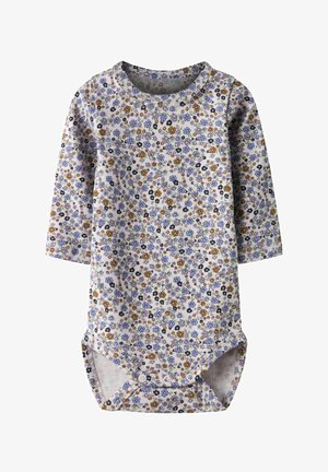 Body bébé en coton doux à motif floral. Comprend des manches longues, un col rond et une fermeture à boutons-pression au bas. Couleurs : violet, bleu et orange.