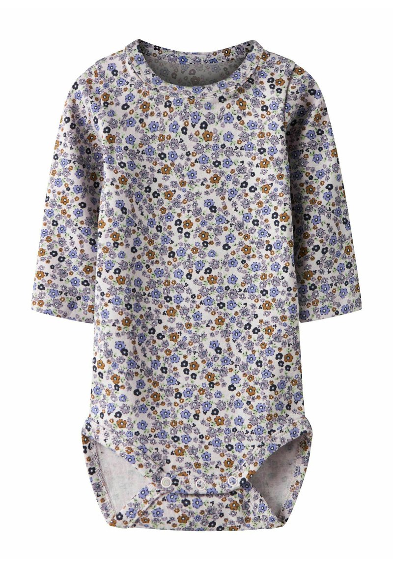 Body niemowlęcy w kwiatowy wzór wykonany z miękkiej bawełny. Posiada długie rękawy, zaokrąglony dekolt oraz zapięcie na zatrzaski na dole. Kolory to fioletowy, niebieski i pomarańczowy.