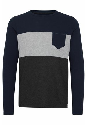 Long-sleeve t-shirt with navy, gray, and black color blocks. Features a chest pocket and a round neckline. Made from soft cotton fabric.