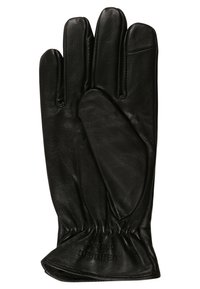 Guante de cuero negro con una textura suave, forma ajustada y detalle de muñeca fruncido. Sin hardware visible ni patrones.