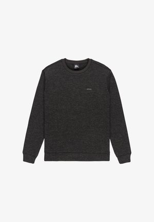 Tummanharmaa collegepaita, joka on valmistettu pehmeästä kankaasta ja jossa on pyöreä kaula-aukko, pitkät hihat sekä pieni merkkilappu rinnassa.