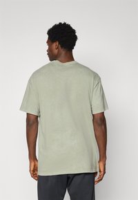 Lys grøn bomulds t-shirt med korte ærmer, rund hals og en let falmet tekstur; set fra ryggen. Ingen mønstre eller accenter.