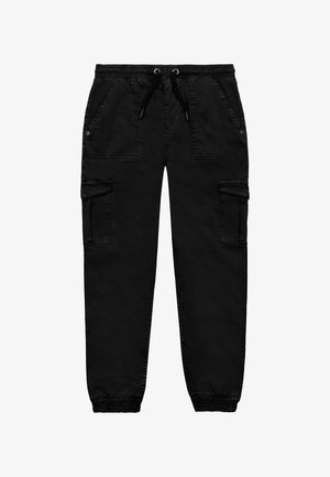 Pantaloni cargo neri in cotone con vita elastica, cordoncino regolabile, multiple tasche e polsini elasticizzati alle caviglie.