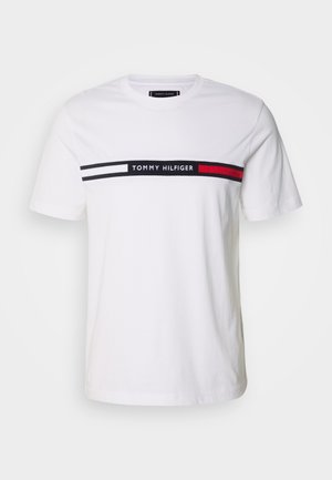 White cotton t-shirt featuring a crew neck, short sleeves, and a horizontal striped design with black, red, and white accents.