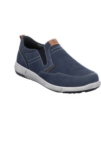 Mørkeblå slip-on sko med en glat læderoverdel, kontrasterende hvide syninger, elastiske sidepaneler og en lys grå gummisål.