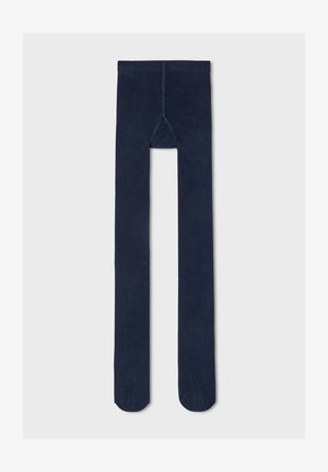 Marineblaue Strumpfhosen aus weichem Material, mit einem verstärkten Bund und nahtlosem Design für Komfort und Langlebigkeit.