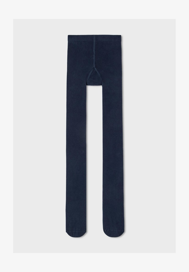 Meias-calças azul-marinho feitas de material suave, com fundo reforçado e um design sem costuras para conforto e durabilidade.