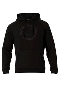 Felpa nera con cappuccio realizzata in tessuto morbido, dotata di tasca frontale, cappuccio con cordino e grafica del logo in rilievo a forma rotonda sul petto.