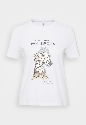 White cotton t-shirt featuring an illustrated dog with black spots, wearing a crown and necklace. Text reads: "I can't change my spots."