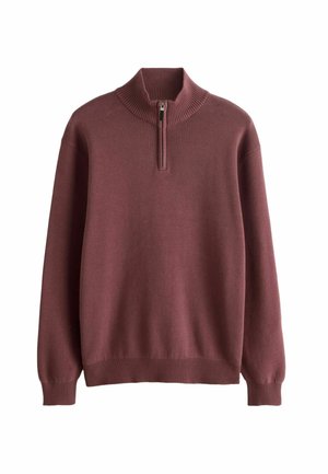 Burgunderfärgad tröja med hög ribbad krage, halvdragkedja, långa ärmar samt ribbade muddarna och nederkant. Mjuk textur och enfärgad.