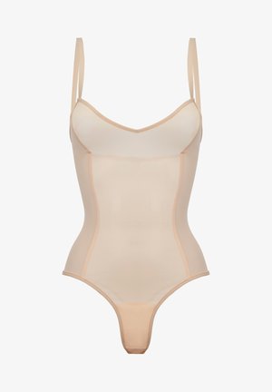Body nudo con spalline sottili regolabili, scollatura a V, panneggi trasparenti, lati senza cuciture e parte inferiore a perizoma per una silhouette liscia.
