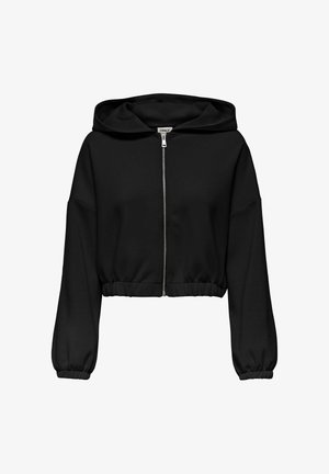 Juodas trumpas gobtuvėlis, pagamintas iš minkštos medžiagos, su priekiniais užtrauktukais, dideliu gobtuvu, elastingu apačiu ir ilgomis, laisvai krentančiomis rankovėmis.