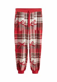 Red plaid lounge pants with an elastic waistband and adjustable drawstring. Features pockets and printed bows in various colors.