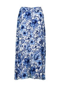 Jupe maxi florale bleue avec un design fluide, une taille élastique et une texture de tissu léger ornée de motifs complexes de fleurs et de vignes.