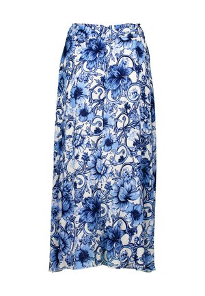 Jupe maxi florale bleue avec un design fluide, une taille élastique et une texture de tissu léger ornée de motifs complexes de fleurs et de vignes.
