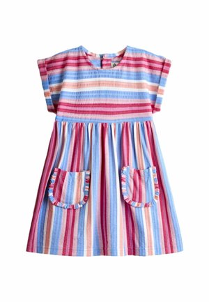 Vestido de manga corta para niños con rayas horizontales y verticales en rojo, rosa, azul y blanco, con dos bolsillos delanteros con bordes fruncidos.