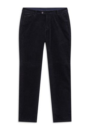 Dark navy corduroy pants with a straight fit, featuring a button closure, belt loops, and side pockets. The texture is ribbed.