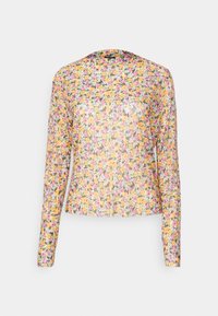 Lange mouwen, doorschijnende top met een bloemenpatroon met gele, roze en paarse bloemen op een lichte achtergrond. Ronde halslijn en een aangesloten pasvorm.