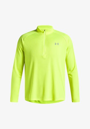 Maglietta sportiva leggera a maniche lunghe di un vivace giallo fluo con colletto zip. Presenta un tessuto elegante e texturizzato e un logo ricamato.