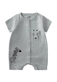 Svijetlo sivi muslin romper s kratkim rukavima, prednjim kopčanjem na gumbe i džepom s crnim dizajnom gusjenice koji je izvezen sa strane.