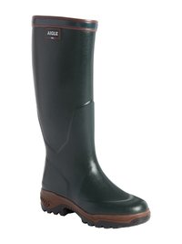 Grüner kniehoher Gummistiefel mit braunen Akzenten. Verfügt über eine profilierte Sohle für besseren Halt und ein Logo an der Seite. Glatte Oberfläche mit robustem Design.