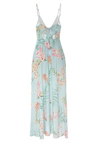 Maxikleid mit floralen Motiven aus hellem blauen Stoff, mit einer Knüpfung vorne, das rosa und grüne tropische Blumenmuster zeigt und dünne, verstellbare Träger hat.