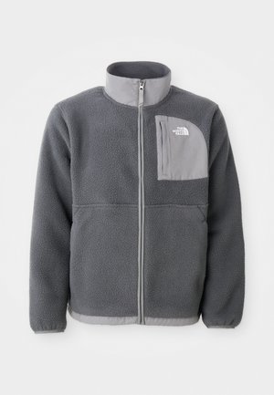 Dark gray fleece jacket with light gray collar, pocket patch, and zipper trim, featuring a zippered chest pocket and The North Face logo.
