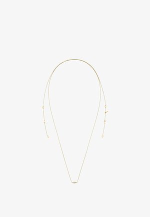 Collier à chaîne en or délicate avec des breloques petites rondes et en forme de barre espacées le long de la chaîne, présenté sur un fond blanc.