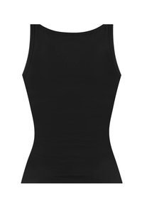Schwarzes Tanktop mit tailliertem Schnitt, rundem Halsausschnitt und ohne sichtbare Nähte. Hergestellt aus glattem, dehnbarem Material.
