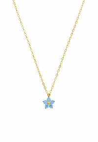 Gouden ketting met een blauwe bloemenhanger, bestaande uit vijf bloemblaadjes van lichtblauwe stenen en een centrale gouden detail.