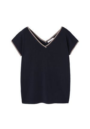 Marineblå v-hals t-shirt med korte ærmer, der har en beige kant langs halsudskæringen og ærmerne. Blødt stof, afslappet pasform og ingen synlige mønstre.