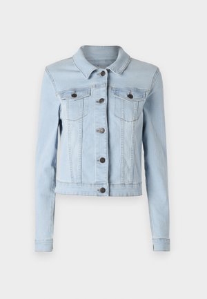 Gai zila džinsa jaka ar īsu dizainu, norādītu apkakli, pogu aizdari un divām krūšu kabatām ar atloku. Gluda tekstūra, garas piedurknes.