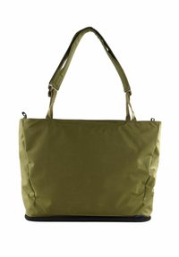 Bolsa de tela verde con una textura suave, que presenta dos asas resistentes y una base negra. Con cierre en la parte superior y un diseño minimalista.