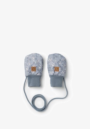 Siniset kangasmuffit, joissa on lintu- ja kasvisuunnitelma, joustavat hihansuut, vaaleanruskea logo-merkki ja yhdistävä naru. Pehmeä rakenne.