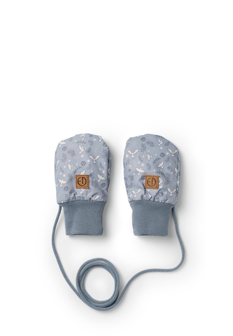 Guanti in tessuto blu con un motivo di uccelli e piante, dotati di polsini elastici, una patch logo beige e una stringa di collegamento. Texture morbida.