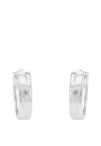 Silverhänge i form av hoops med en smidig, böjd design och en borstad yta samt en liten, glittrande detalj på ena sidan.