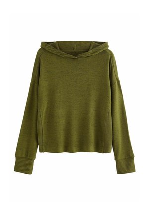 Olivengroene hoodie met lange mouwen, geribbelde manchetten, zoom en zijdetails, gemaakt van een zachte gebreide stof.
