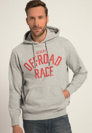 Felpa grigia con cappuccio, dotata di tasca anteriore, lacci e una grafica audace rossa "Desert OFFROAD RACE" sul petto. Materiale morbido, vestibilità casual.