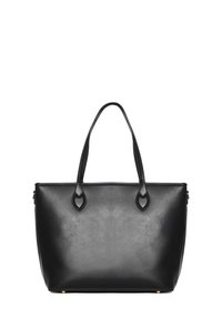 Borsa a tracolla nera in pelle con due manici curvi, forma rettangolare, texture liscia e dettagli in metallo oro alla base.