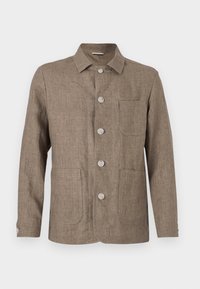 Brown linen jacket with a collared neckline, five front buttons, two patch pockets, and a tailored fit. Soft texture and classic design.