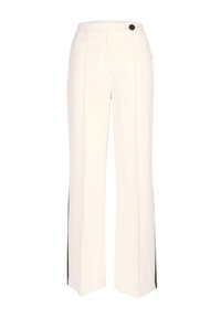 Witte wijde broek met een gladde textuur, voorzien van een zwart knoopdetail en streepd accenten aan de zijkant. Tailored ontwerp met plooien.