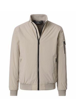 Beige Herren-Bomberjacke mit Frontreißverschluss, gerippten Bündchen und Saum, zwei Seitentaschen sowie einer Reißverschlusstasche am linken Ärmel.