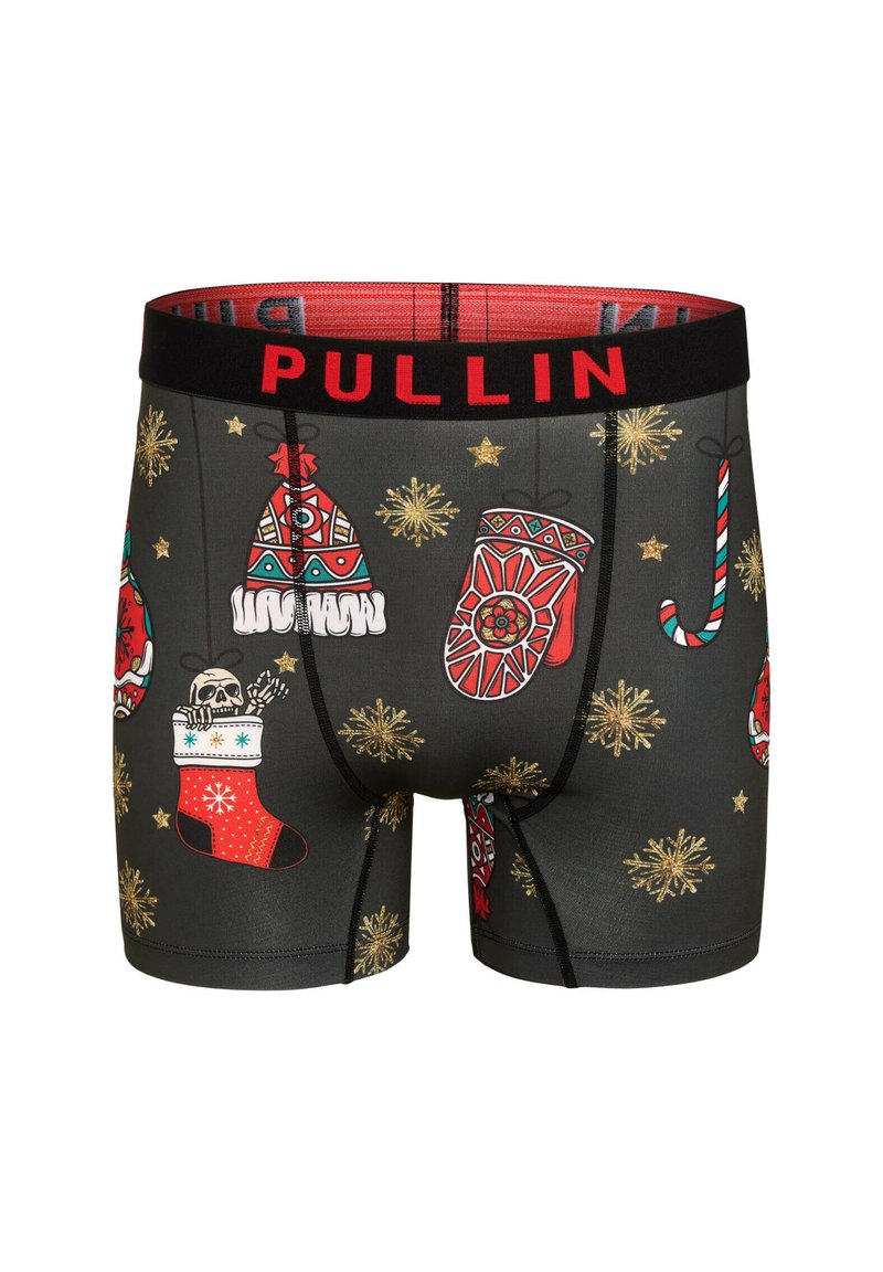 Boxers pour hommes en gris foncé avec un design à motifs comprenant des décorations de Noël, des accents dorés et une ceinture élastique rouge portant l'inscription "PULLIN."