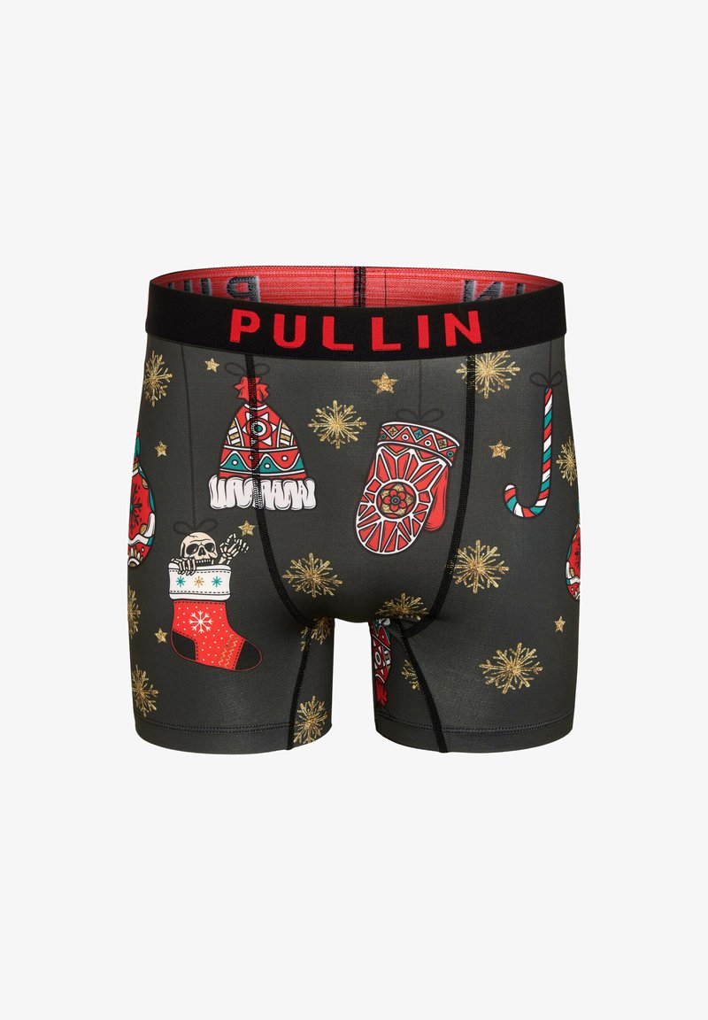 Boxers pour hommes en gris foncé avec un design à motifs comprenant des décorations de Noël, des accents dorés et une ceinture élastique rouge portant l'inscription "PULLIN."