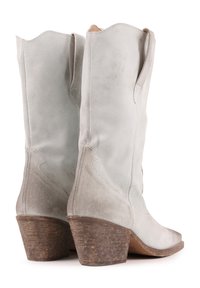 Botine din suede gri deschis, cu vârful ascuțit, detalii subtile de cusătură și toc din lemn stratificat. Textură netedă cu un finisaj mat.