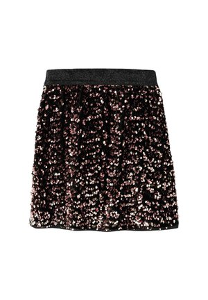 Jupe noire en sequins avec une ceinture brillante ; possède de petits sequins ronds dans des teintes de rose et d'argent, créant une surface texturée.