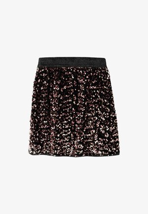 Jupe noire en sequins avec une ceinture brillante ; possède de petits sequins ronds dans des teintes de rose et d'argent, créant une surface texturée.
