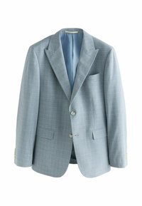 Helles blaues kariertes Herrenblazer mit Revers, zwei Knöpfen, Klappentaschen und einer Brusttasche, auf einem weißen Hintergrund präsentiert.