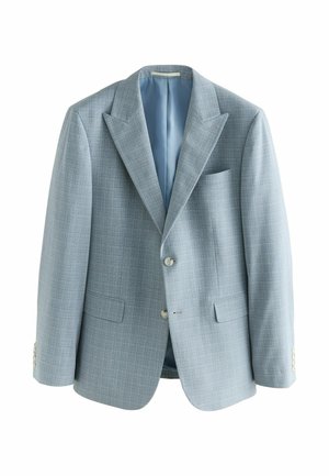 Light blue plaid men's blazer with notch lapels, two buttons, flap pockets, and a chest pocket, displayed on a white background.